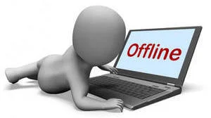 afbeelding mannetje achter computer met 'offline' op het scherm
